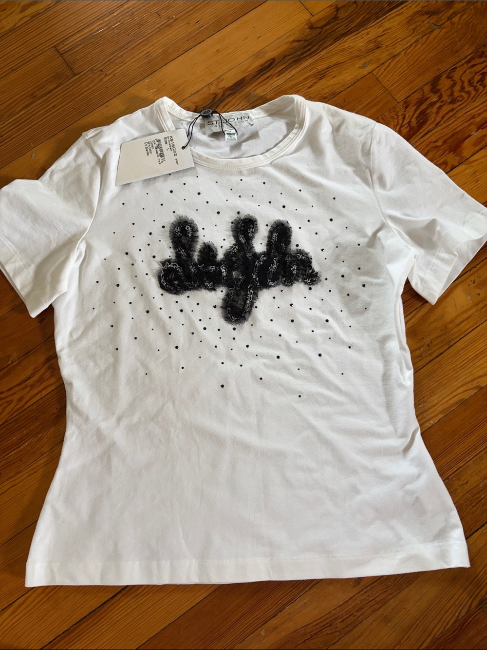NWT St. John Collection White Short Sleeve Tee with Black Bead Logo